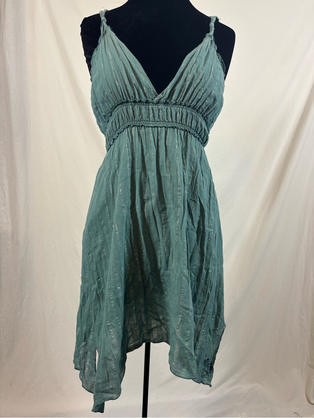 Orb Teal Metallic Stripe Handkerchief Hem Empire Waist Boho Y2K Festival Dress M